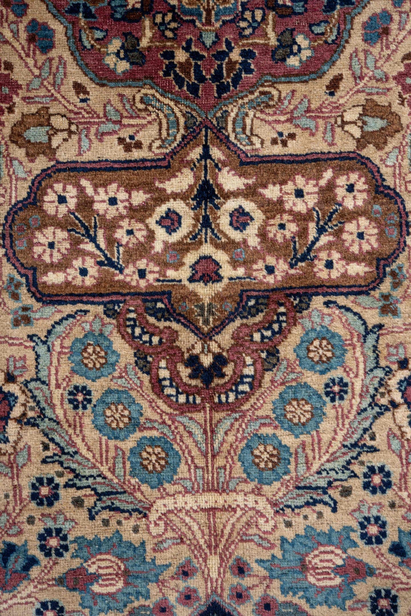6' x 9' one-of-a-kind handmade antique Kerman medium size rug. Color palette: ivory, navy, turquoise, burgundy, rose, camel