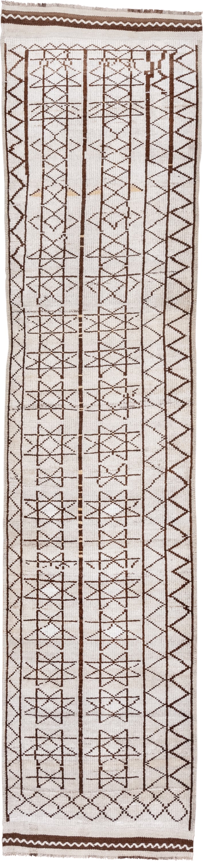 2' x 12' one-of-a-kind handmade antique Kars runner rug. Color palette: ivory, brown, taupe, beige, gray