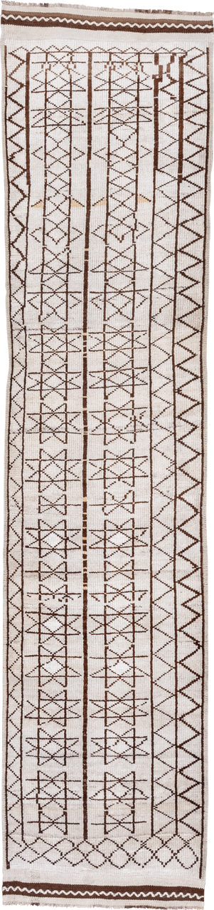 2' x 12' one-of-a-kind handmade antique Kars runner rug. Color palette: ivory, brown, taupe, beige, gray