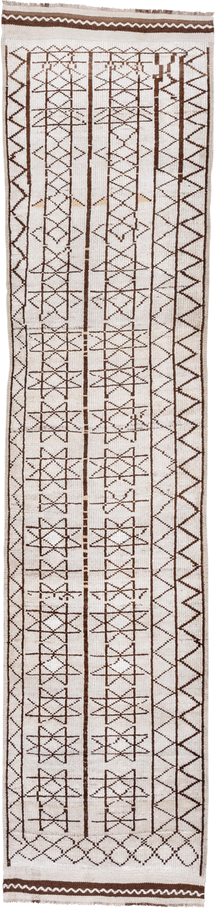 2' x 12' one-of-a-kind handmade antique Kars runner rug. Color palette: ivory, brown, taupe, beige, gray
