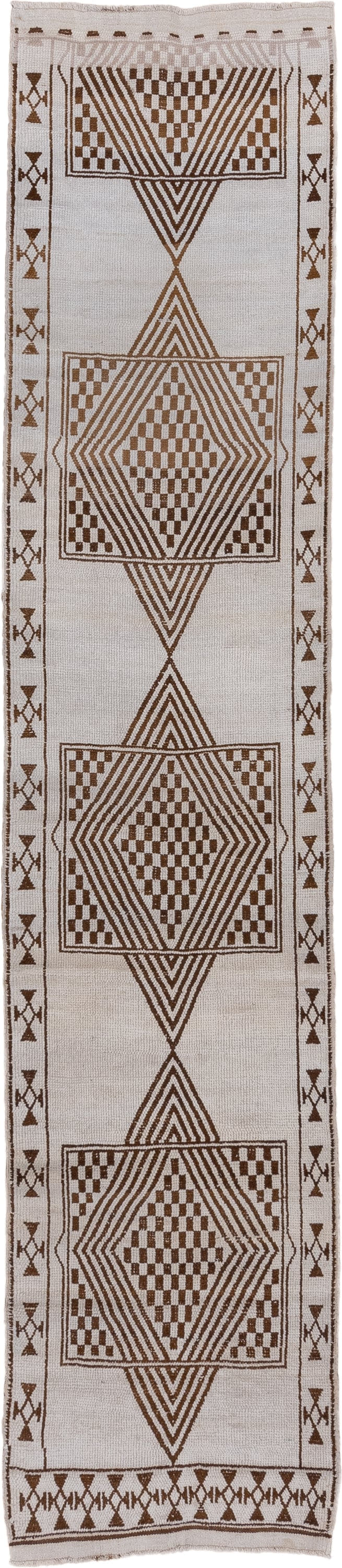 2' x 12' one-of-a-kind handmade antique Kars runner rug. Color palette: ivory, brown, taupe, beige, gray