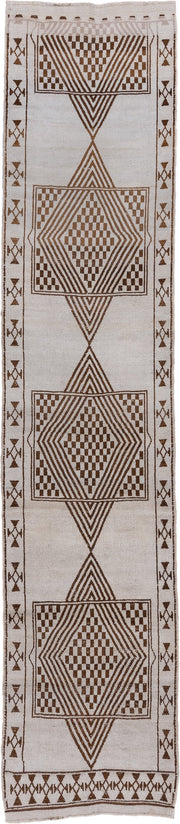 2' x 12' one-of-a-kind handmade antique Kars runner rug. Color palette: ivory, brown, taupe, beige, gray