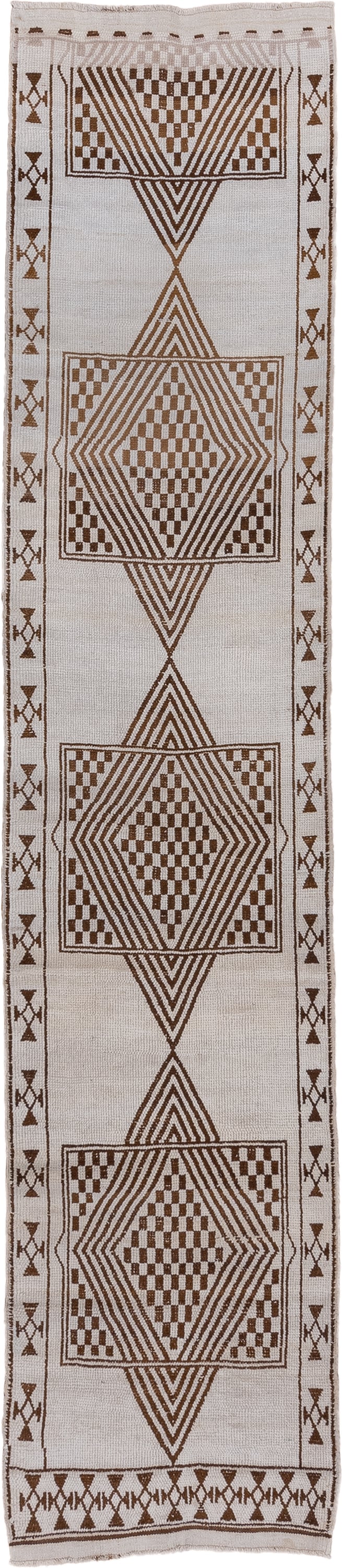 2' x 12' one-of-a-kind handmade antique Kars runner rug. Color palette: ivory, brown, taupe, beige, gray