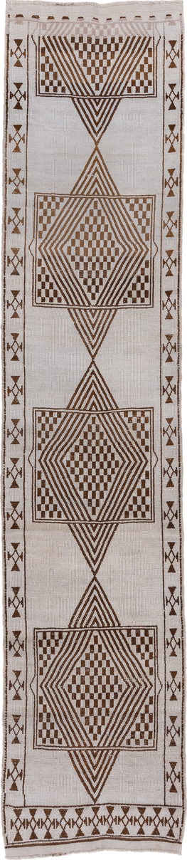 2' x 12' one-of-a-kind handmade antique Kars runner rug. Color palette: ivory, brown, taupe, beige, gray