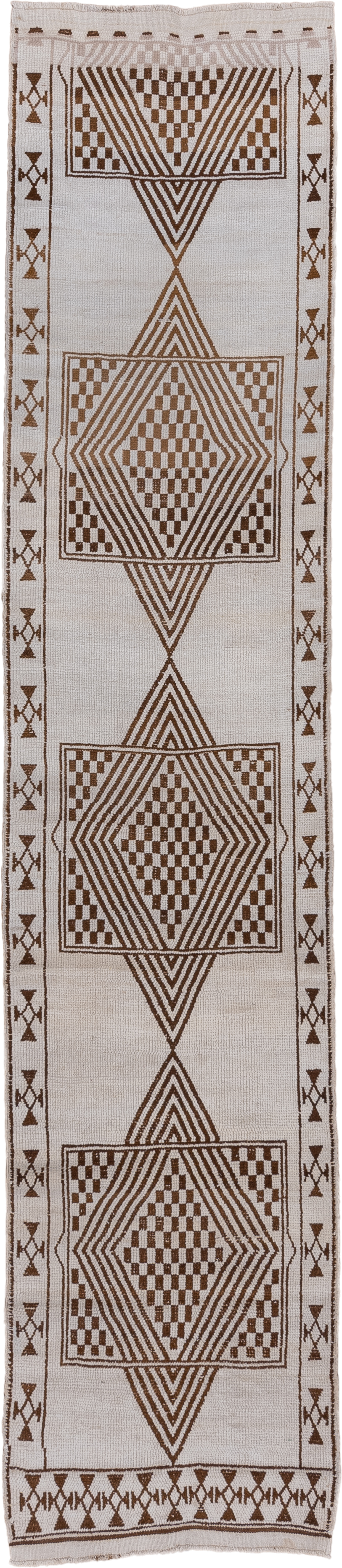 2' x 12' one-of-a-kind handmade antique Kars runner rug. Color palette: ivory, brown, taupe, beige, gray