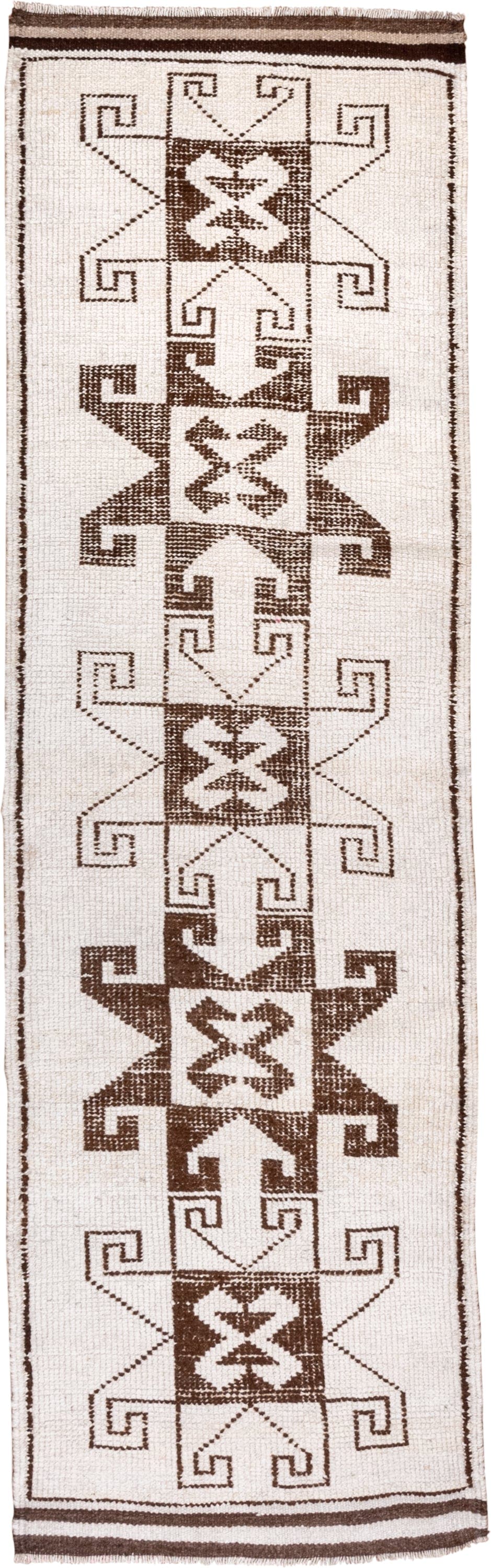 3' x 10' one-of-a-kind handmade antique Kars runner rug. Color palette: ivory, brown, taupe, beige, gray