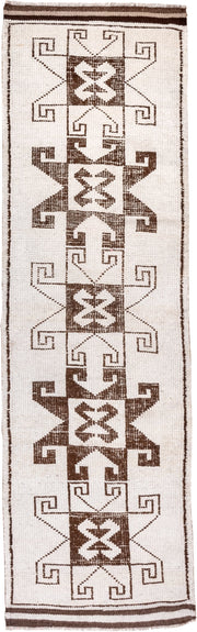 3' x 10' one-of-a-kind handmade antique Kars runner rug. Color palette: ivory, brown, taupe, beige, gray