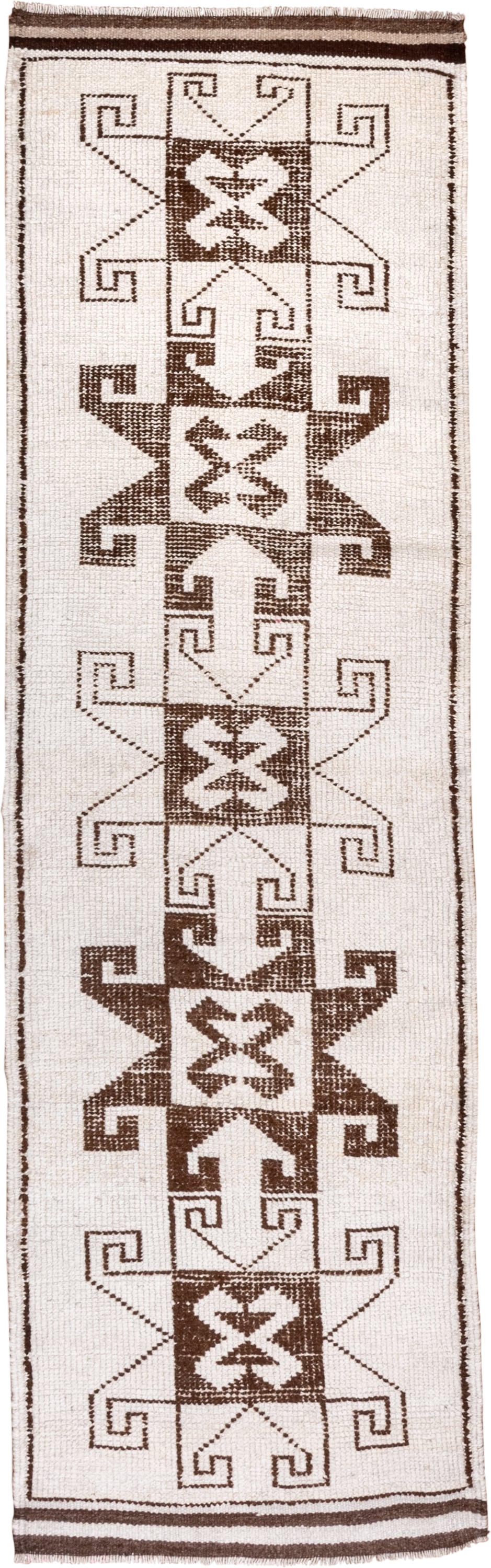 3' x 10' one-of-a-kind handmade antique Kars runner rug. Color palette: ivory, brown, taupe, beige, gray