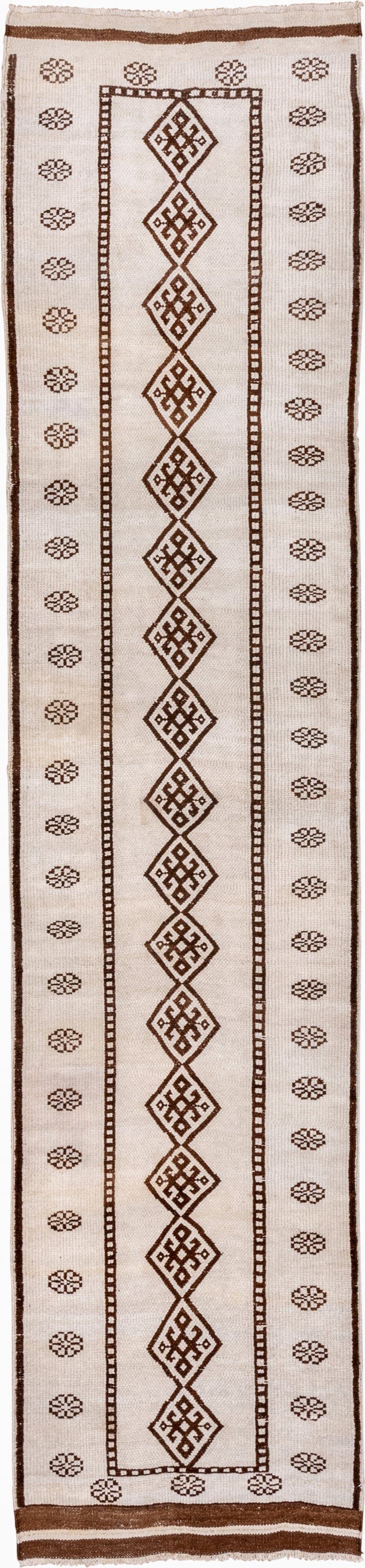 3' x 13' one-of-a-kind handmade antique Kars runner rug. Color palette: ivory, brown, taupe, beige, gray