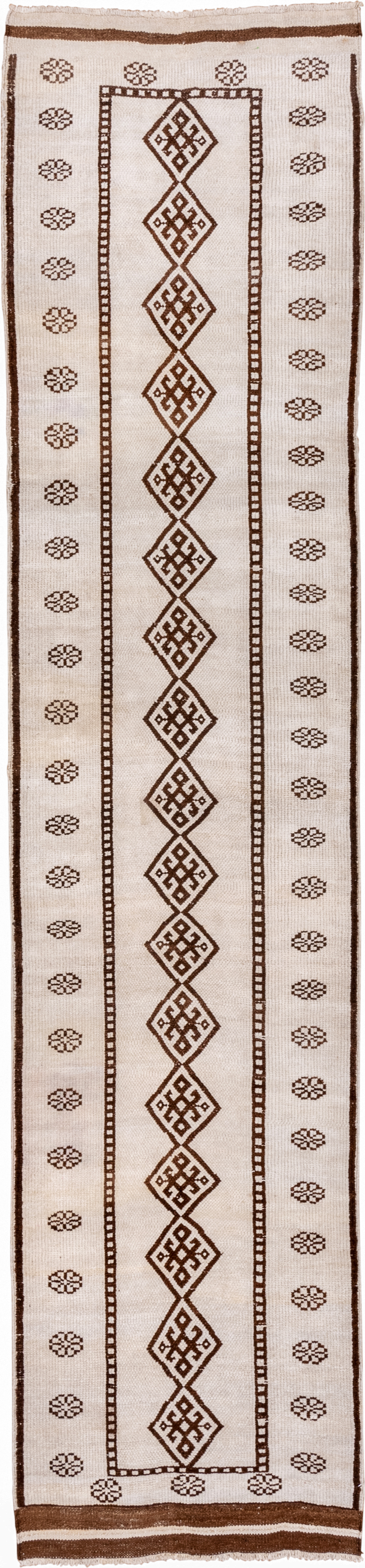 3' x 13' one-of-a-kind handmade antique Kars runner rug. Color palette: ivory, brown, taupe, beige, gray