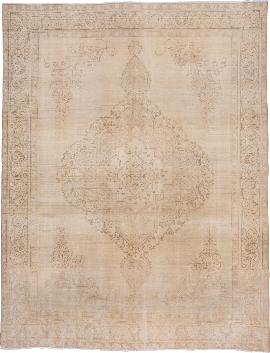 9' x 12' one-of-a-kind handmade antique Tabriz large size rug. Color palette: ivory, beige, taupe, sand, camel, gray