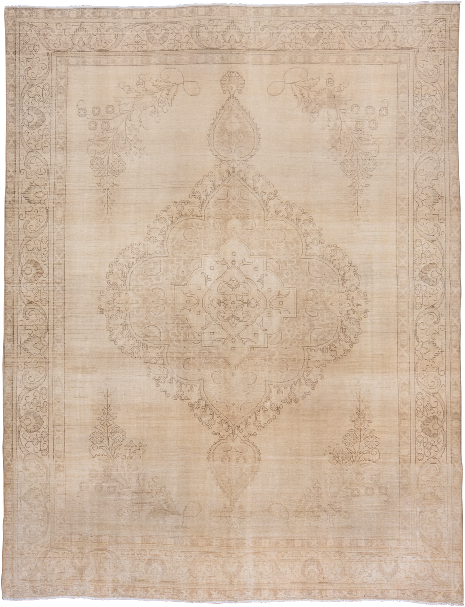 9' x 12' one-of-a-kind handmade antique Tabriz large size rug. Color palette: ivory, beige, taupe, sand, camel, gray