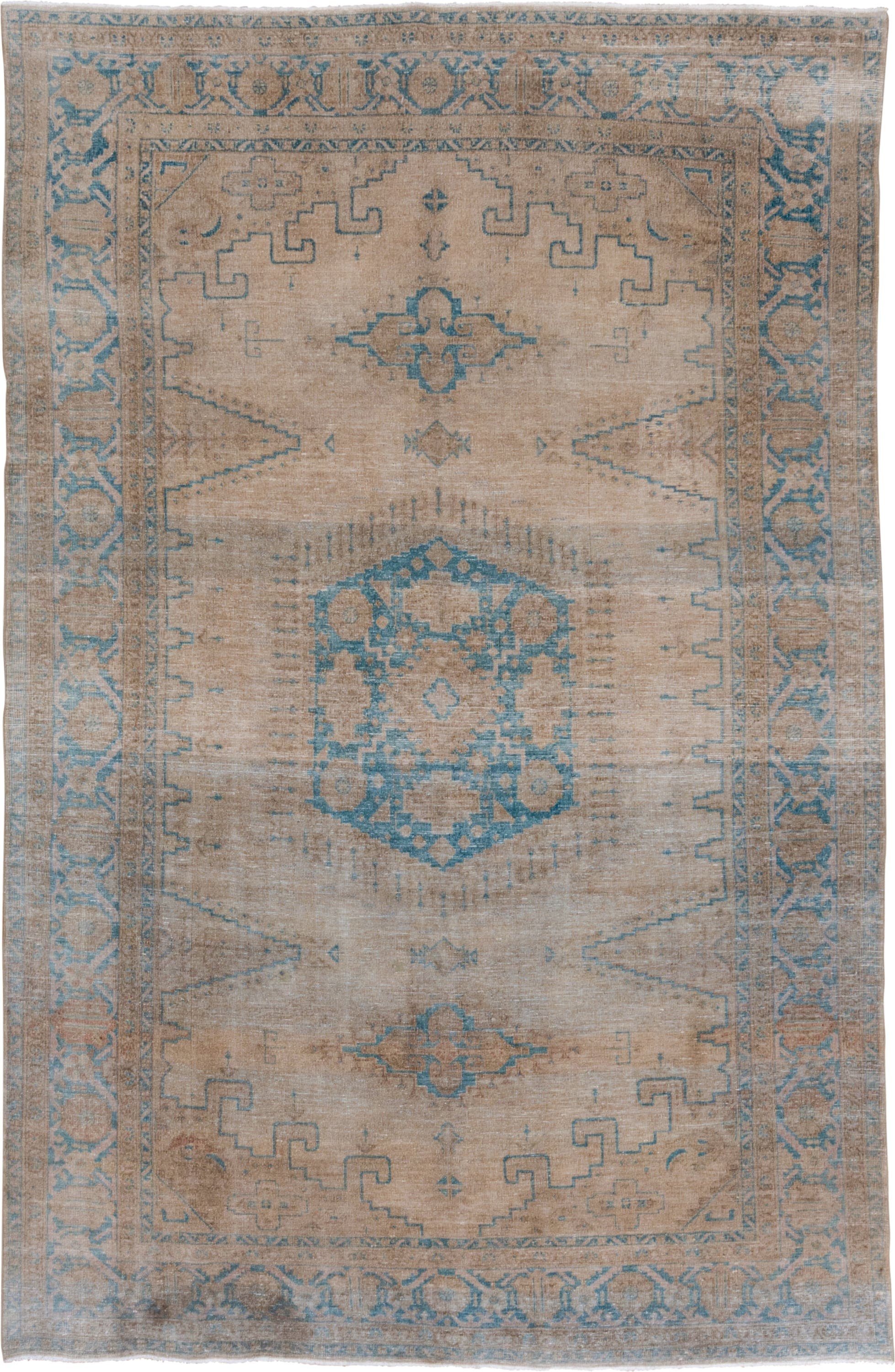 7' x 10' one-of-a-kind handmade antique Veece large size rug. Color palette: beige, sky_blue, taupe, ivory, camel