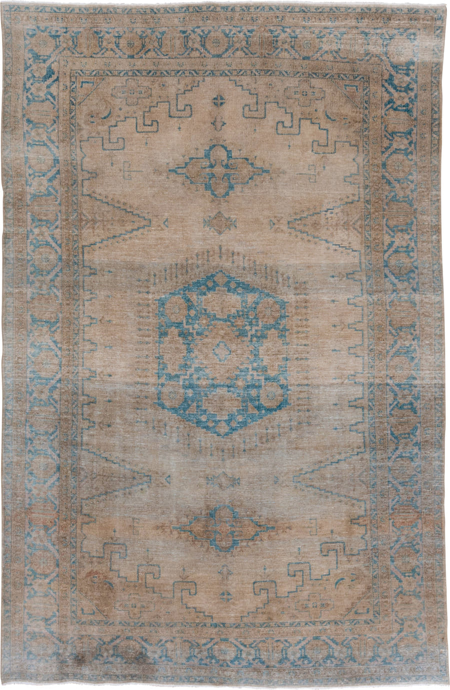 7' x 10' one-of-a-kind handmade antique Veece large size rug. Color palette: beige, sky_blue, taupe, ivory, camel