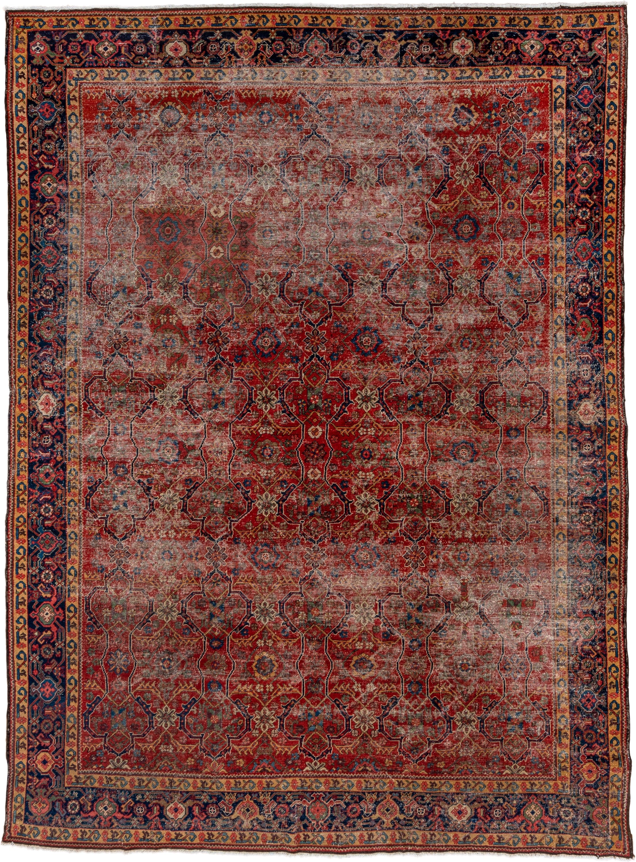 8' x 12' one-of-a-kind handmade vintage Mahal large size rug. Color palette: red, navy, ivory, rust, gold, slate, camel