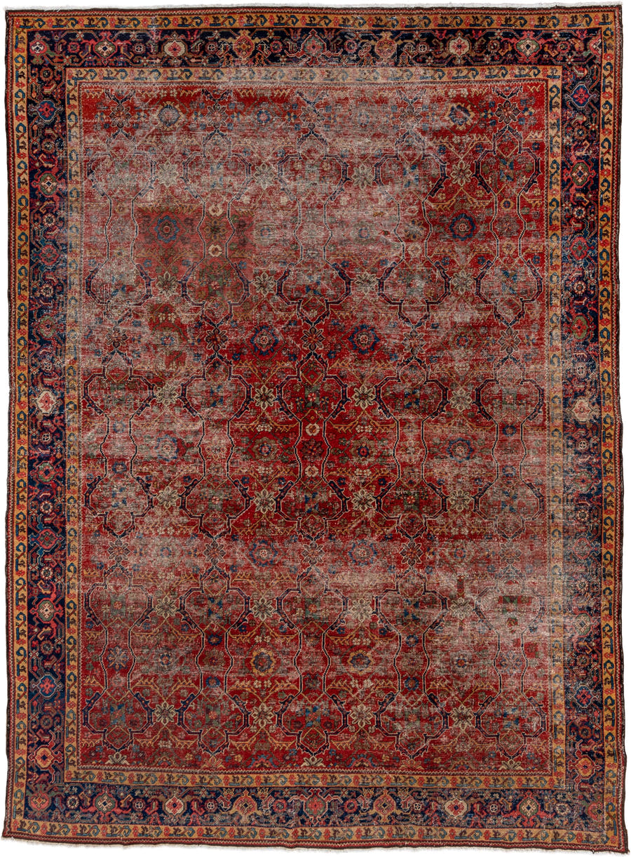 8' x 12' one-of-a-kind handmade vintage Mahal large size rug. Color palette: red, navy, ivory, rust, gold, slate, camel