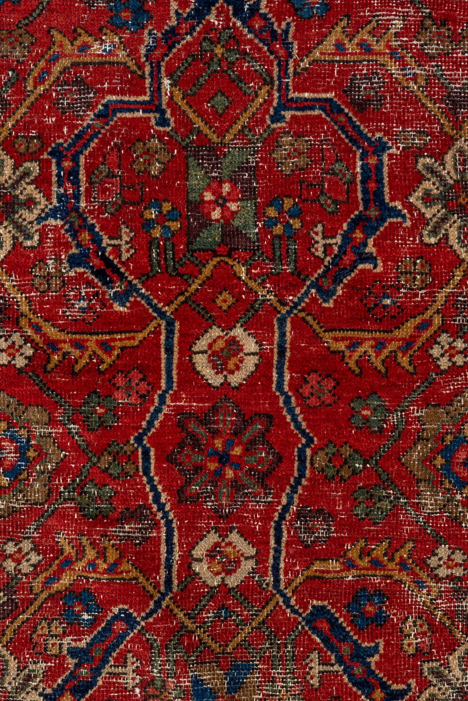 8' x 12' one-of-a-kind handmade vintage Mahal large size rug. Color palette: red, navy, ivory, rust, gold, slate, camel