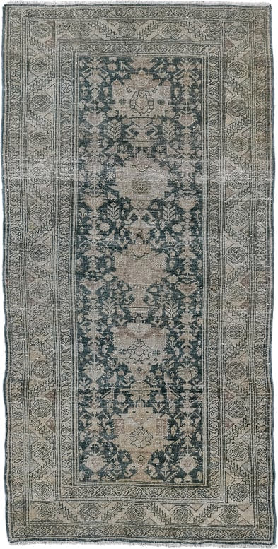 3' x 7' one-of-a-kind handmade antique Sarab runner rug. Color palette: charcoal, ivory, taupe, slate, beige, gray, black