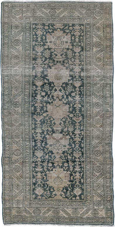 3' x 7' one-of-a-kind handmade antique Sarab runner rug. Color palette: charcoal, ivory, taupe, slate, beige, gray, black