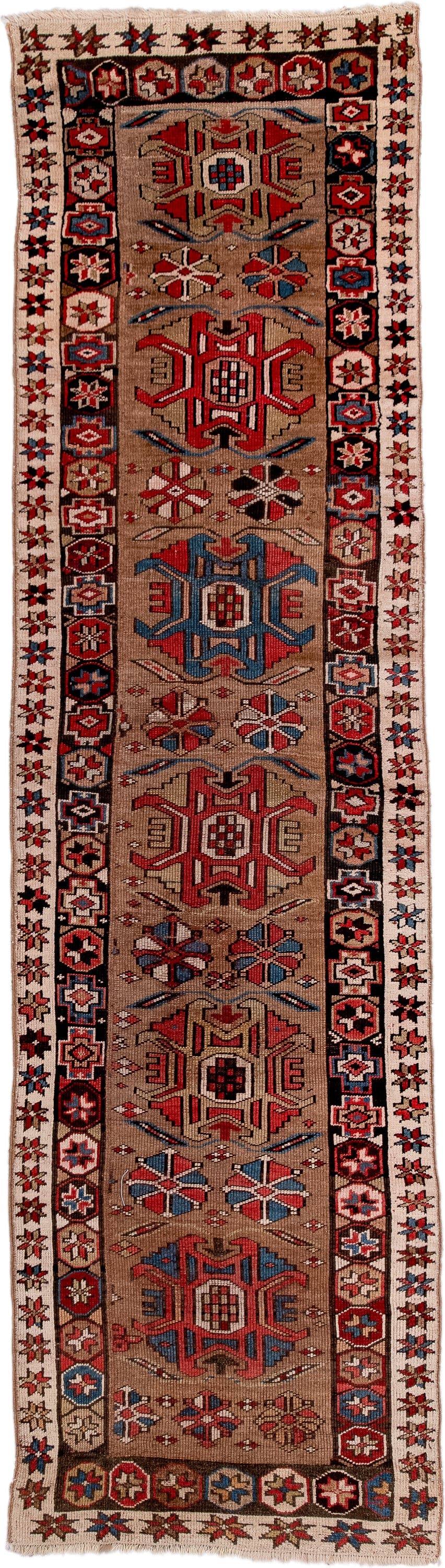 2' x 9' one-of-a-kind handmade antique NW Persian runner rug. Color palette: camel, rust, ivory, indigo, navy, crimson