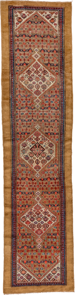 2' x 11' one-of-a-kind handmade antique Cam Hamadan runner rug. Color palette: camel, rust, ivory, indigo, blue, terracotta