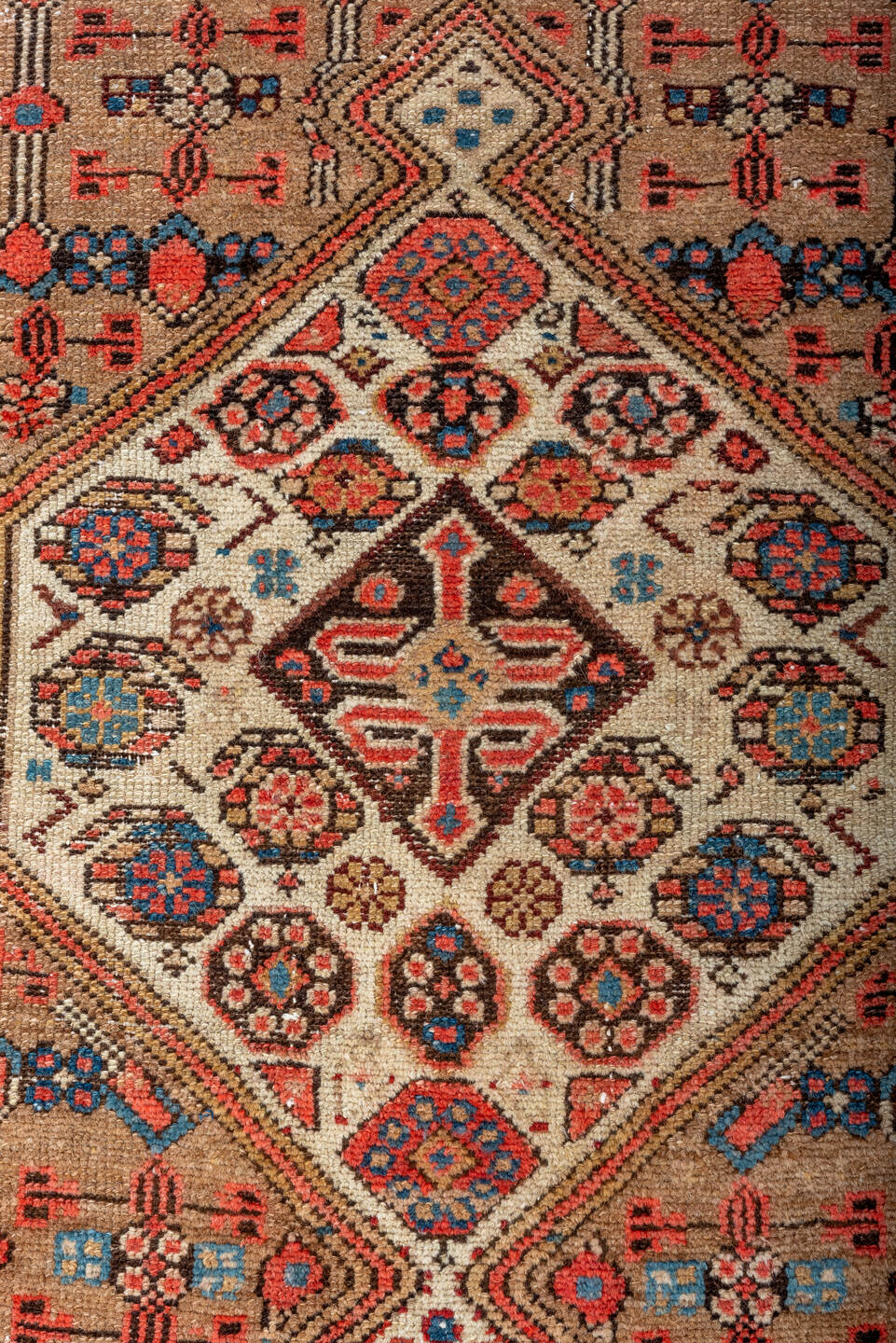 2' x 11' one-of-a-kind handmade antique Cam Hamadan runner rug. Color palette: camel, rust, ivory, indigo, blue, terracotta