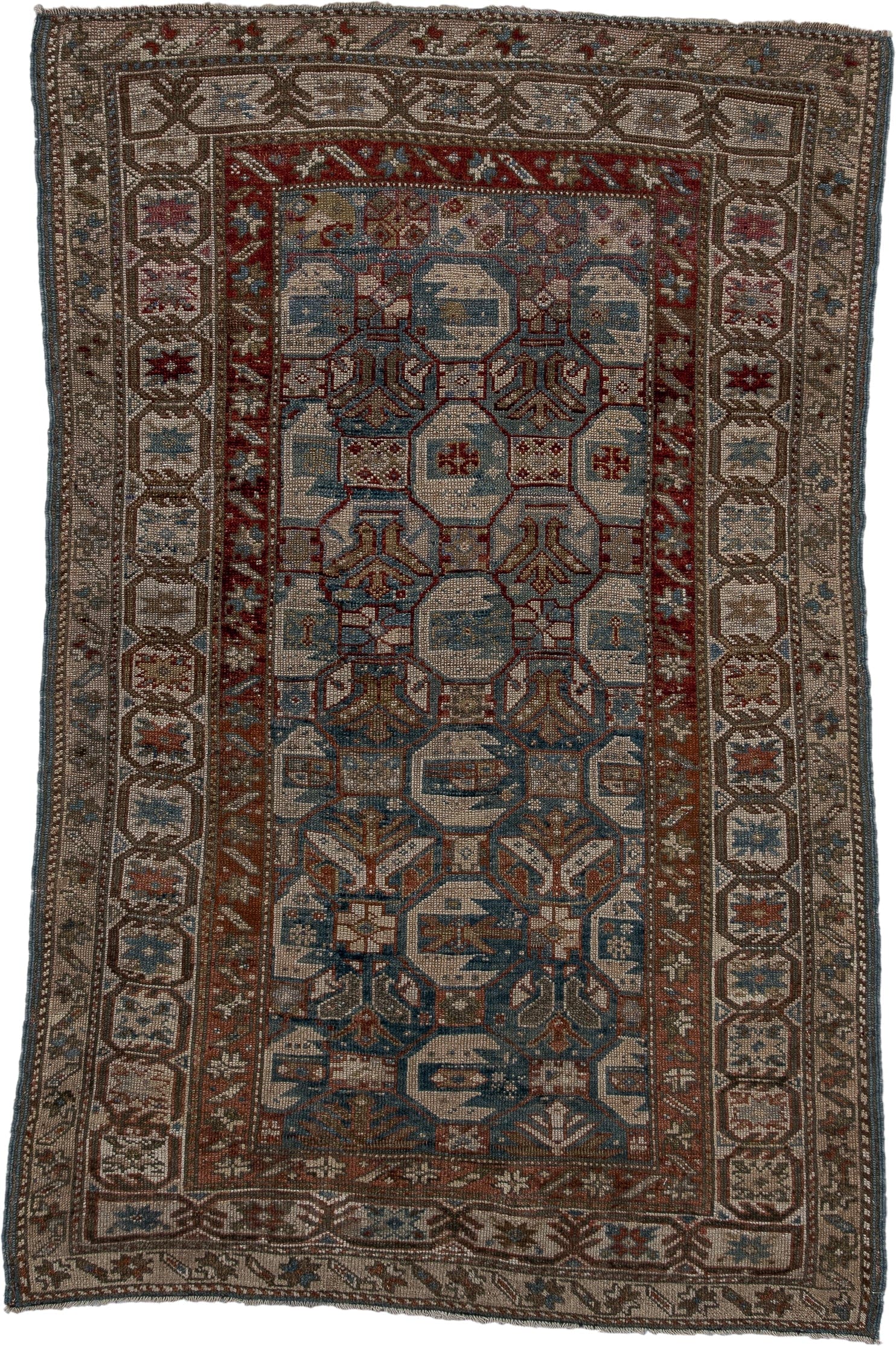 3' x 5' one-of-a-kind handmade vintage Caucasian small size rug. Color palette: ivory, brown, blue, rust, taupe, burgundy