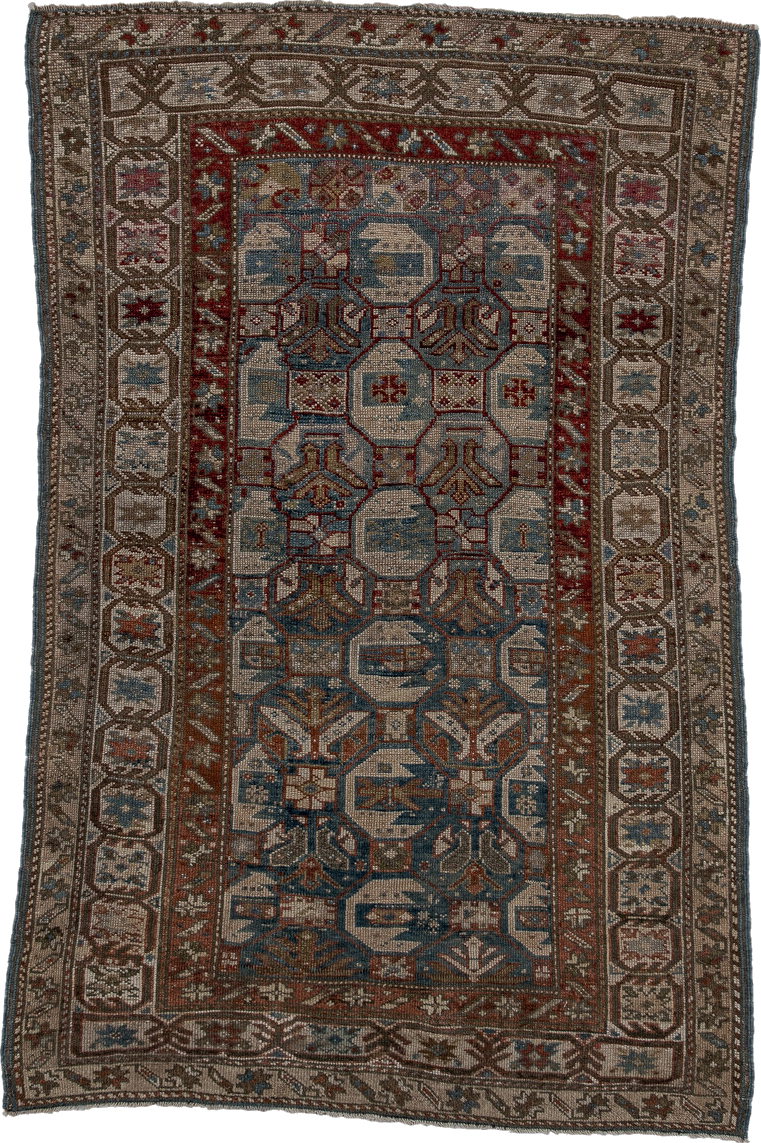 3' x 5' one-of-a-kind handmade vintage Caucasian small size rug. Color palette: black, brown, charcoal, dim gray, gray