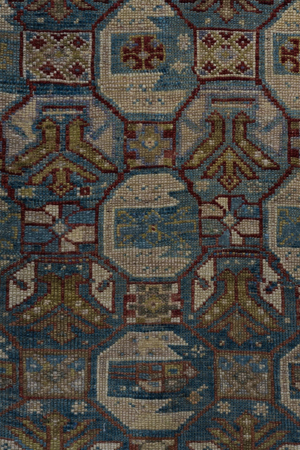 3' x 5' one-of-a-kind handmade vintage Caucasian small size rug. Color palette: ivory, brown, blue, rust, taupe, burgundy
