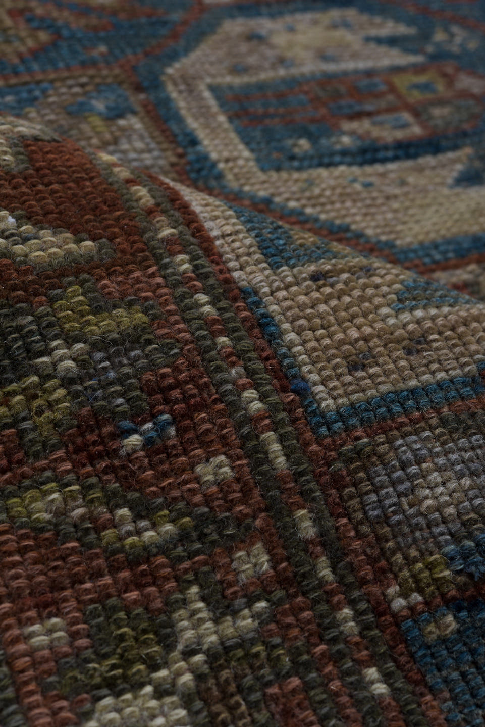 3' x 5' one-of-a-kind handmade vintage Caucasian small size rug. Color palette: ivory, brown, blue, rust, taupe, burgundy