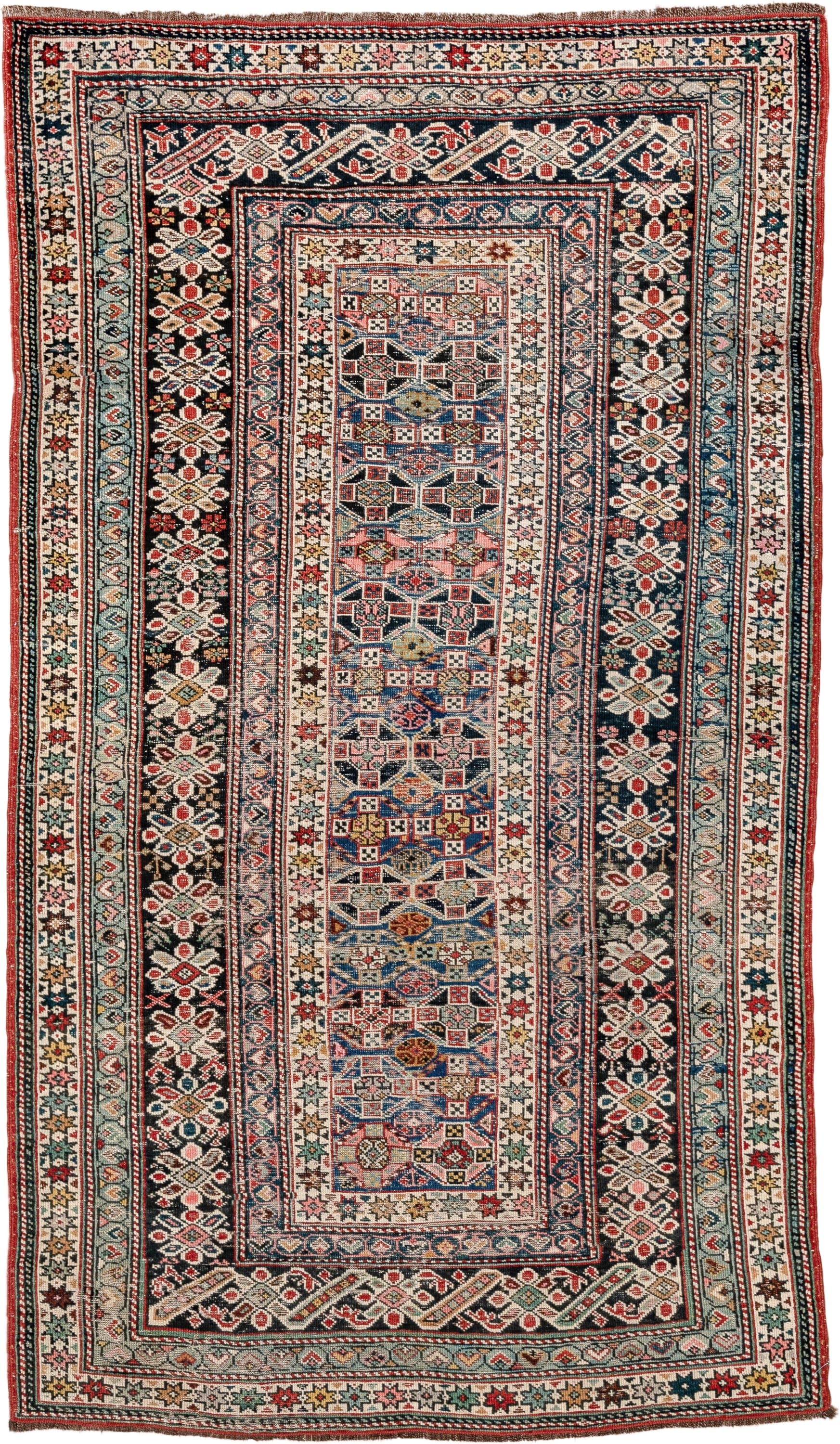 3' x 6' one-of-a-kind handmade antique Chichi small size rug. Color palette: ivory, indigo, rust, sky blue, navy, crimson