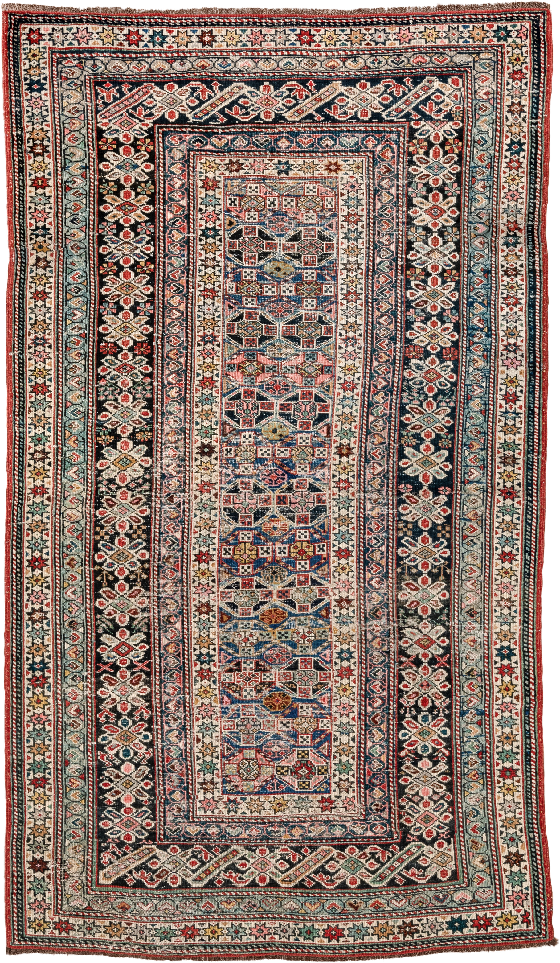 3' x 6' one-of-a-kind handmade antique Chichi small size rug. Color palette: ivory, indigo, rust, sky blue, navy, crimson