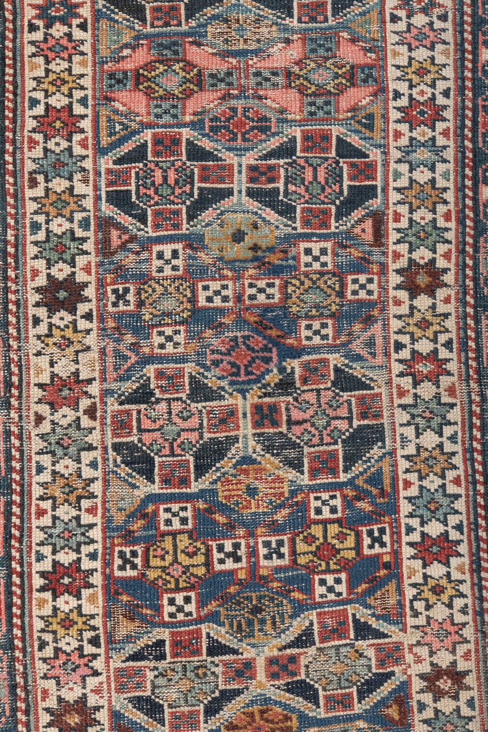 3' x 6' one-of-a-kind handmade antique Chichi small size rug. Color palette: ivory, indigo, rust, sky blue, navy, crimson