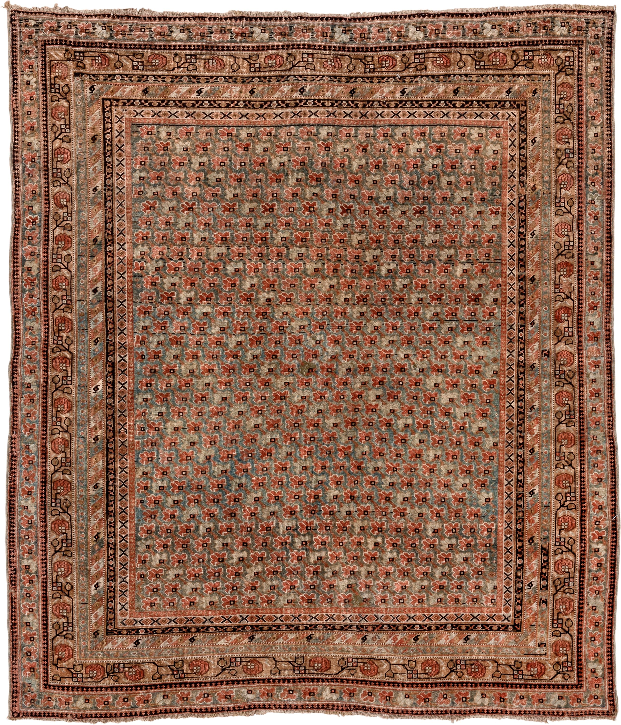 4' x 5' one-of-a-kind handmade antique Afshar small size rug. Color palette: camel, rust, ivory, charcoal, taupe, sage