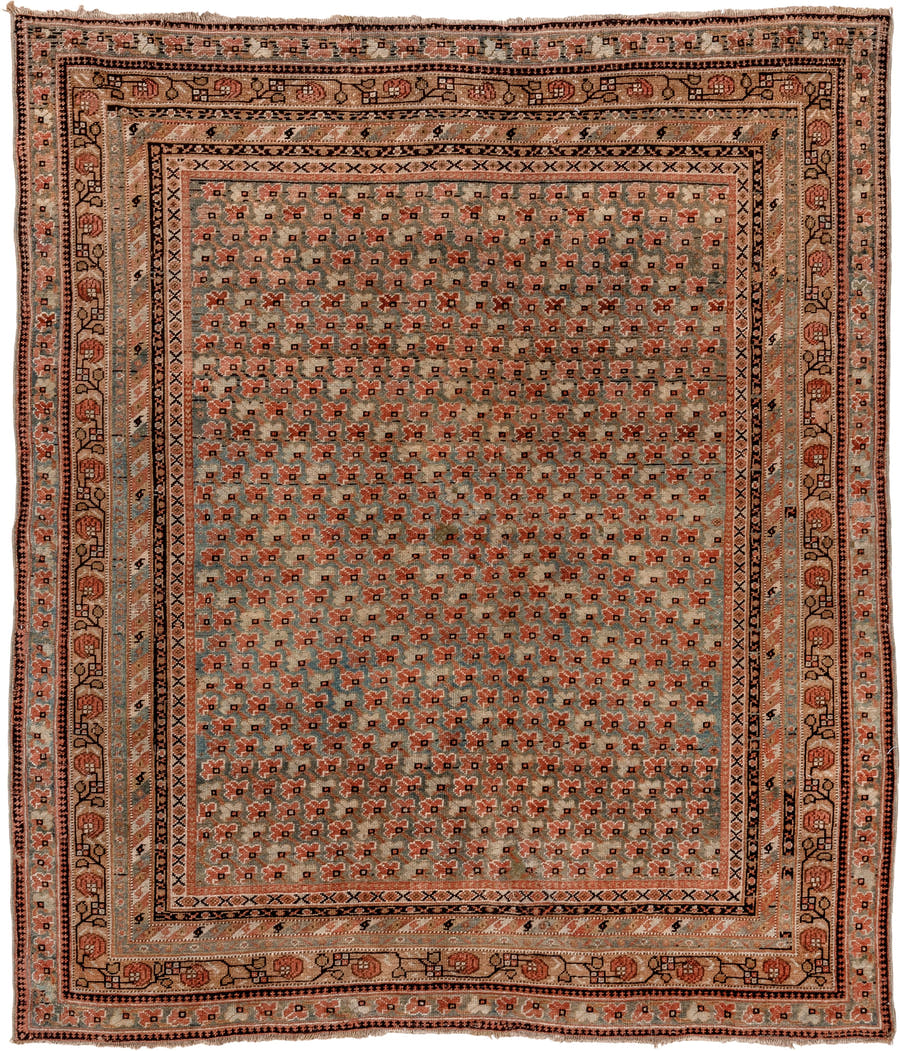 4' x 5' one-of-a-kind handmade antique Afshar small size rug. Color palette: camel, rust, ivory, charcoal, taupe, sage