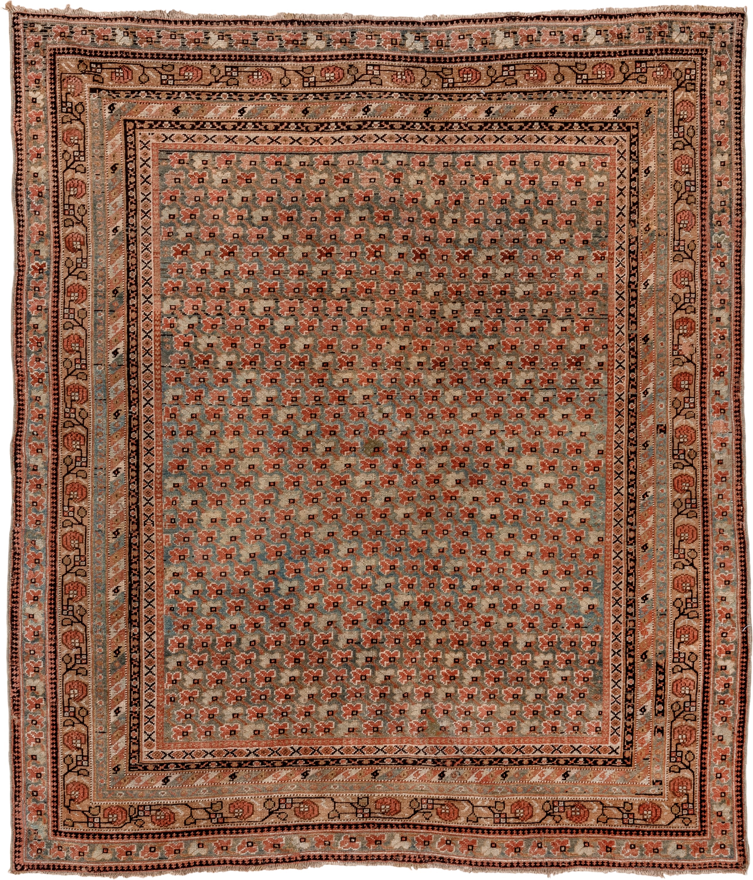 4' x 5' one-of-a-kind handmade antique Afshar small size rug. Color palette: camel, rust, ivory, charcoal, taupe, sage