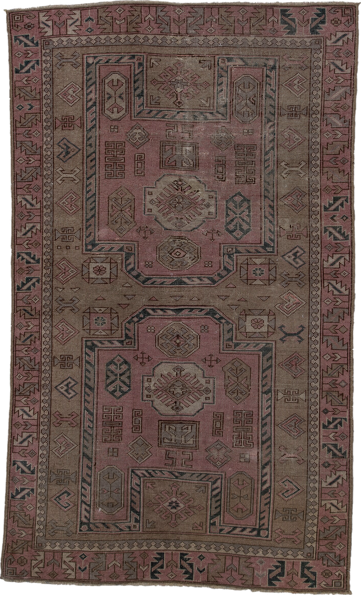 3' x 6' one-of-a-kind handmade vintage Anatolian small size rug. Color palette: rose, taupe, dusty pink, charcoal, brown