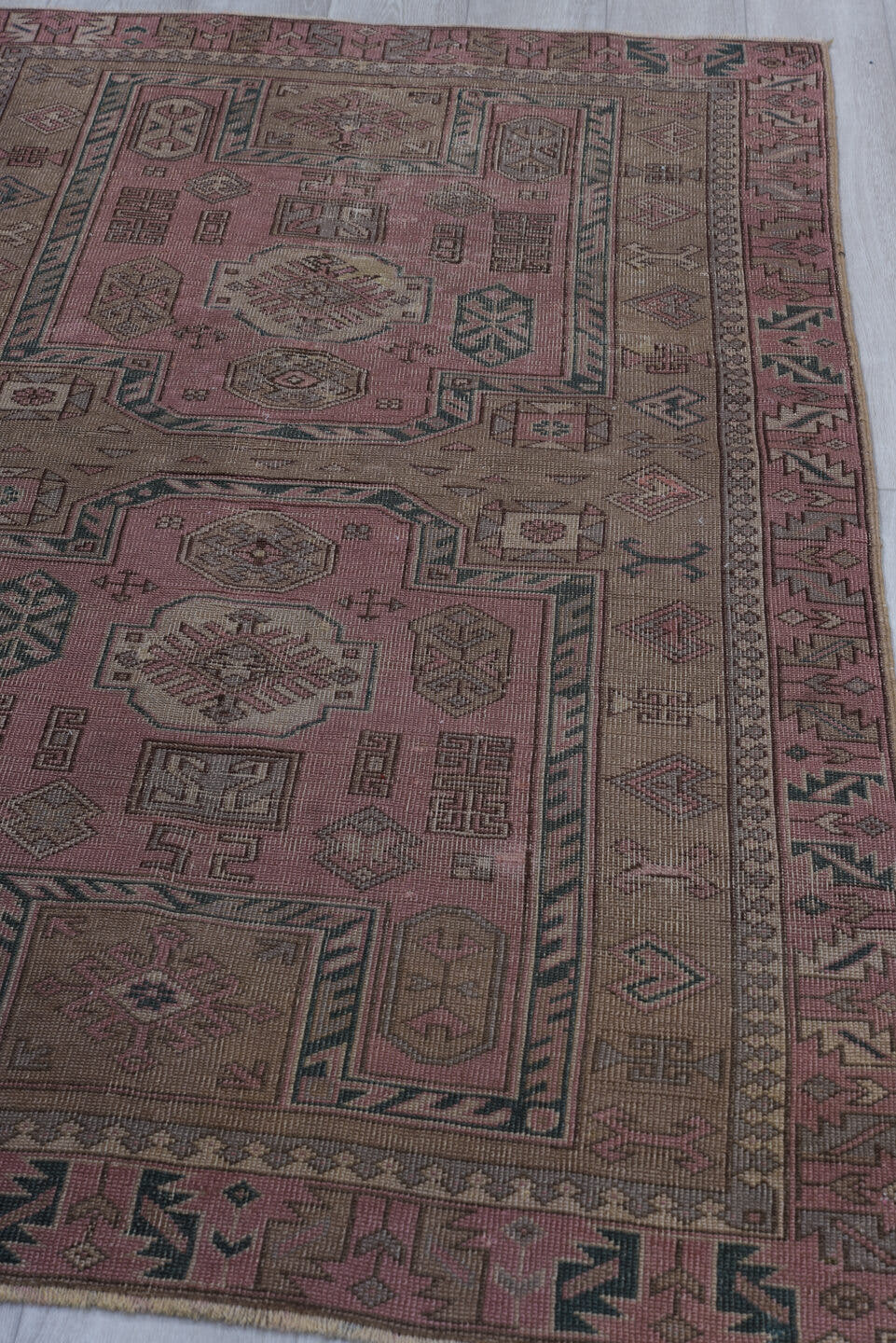 3' x 6' one-of-a-kind handmade vintage Anatolian small size rug. Color palette: rose, taupe, dusty pink, charcoal, brown