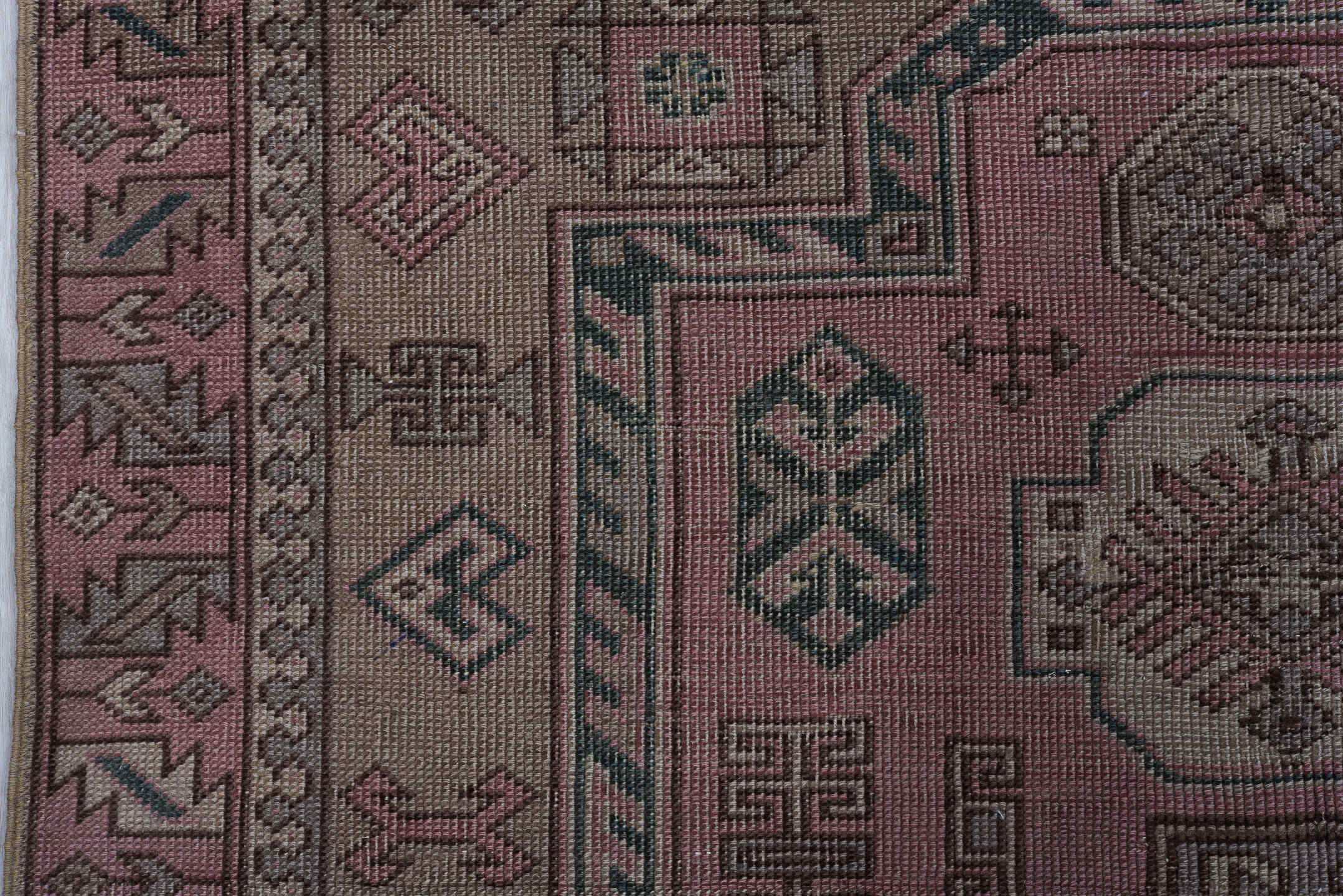 3' x 6' one-of-a-kind handmade vintage Anatolian small size rug. Color palette: rose, taupe, dusty pink, charcoal, brown