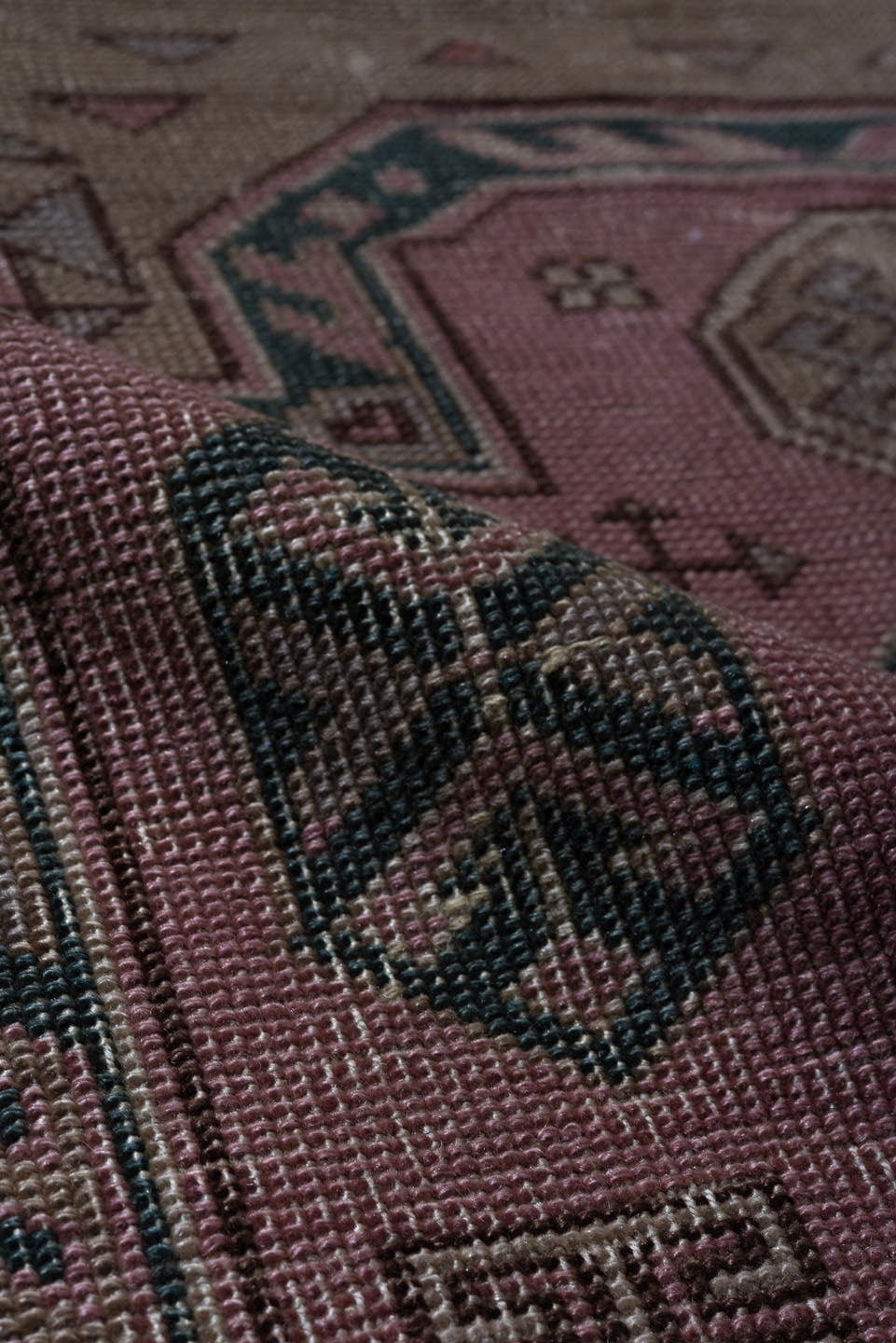 3' x 6' one-of-a-kind handmade vintage Anatolian small size rug. Color palette: rose, taupe, dusty pink, charcoal, brown