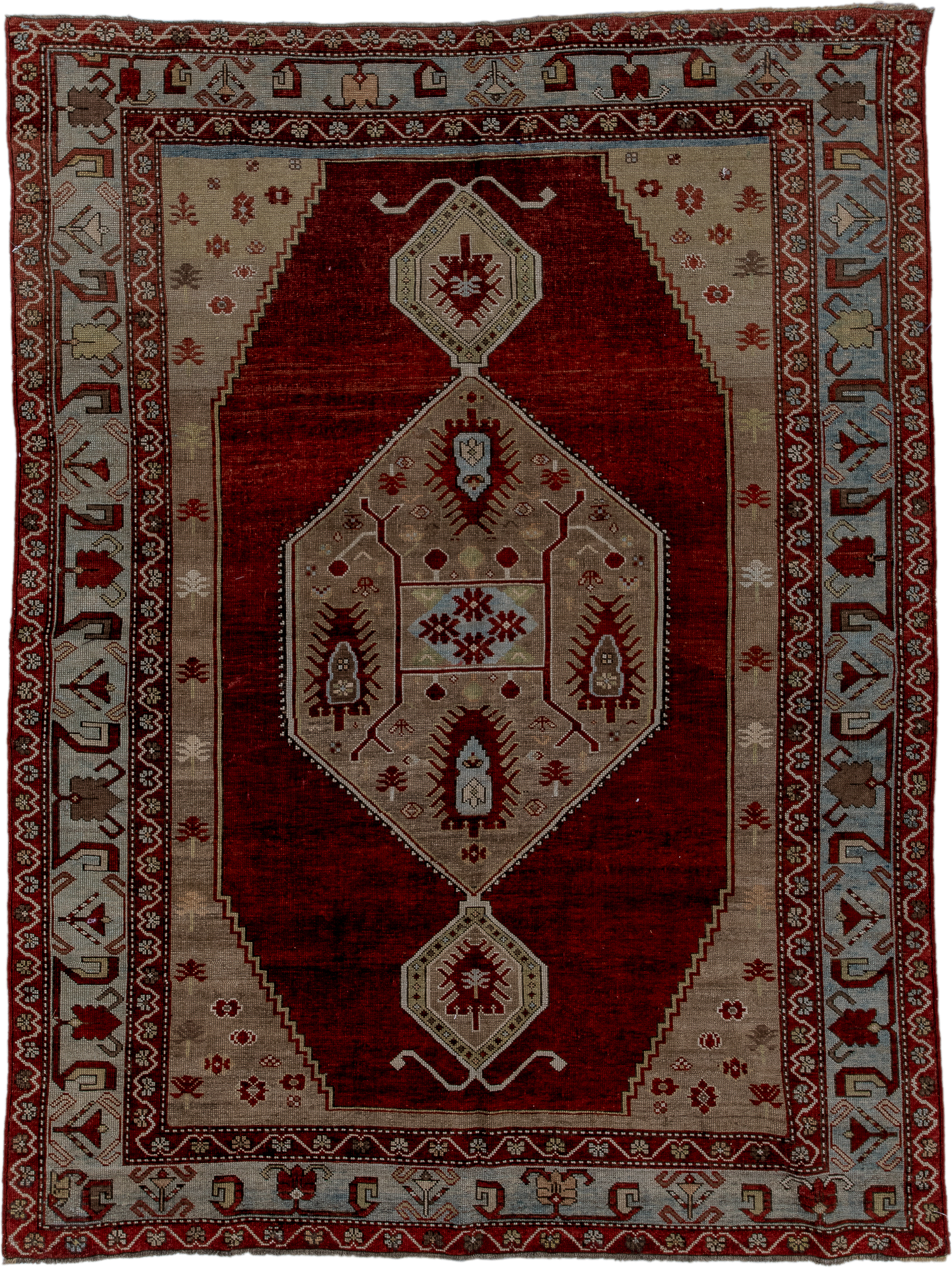 5' x 7' one-of-a-kind handmade antique Kazak rug. Color palette: red, ivory, sky blue, burgundy, taupe, brown, light blue