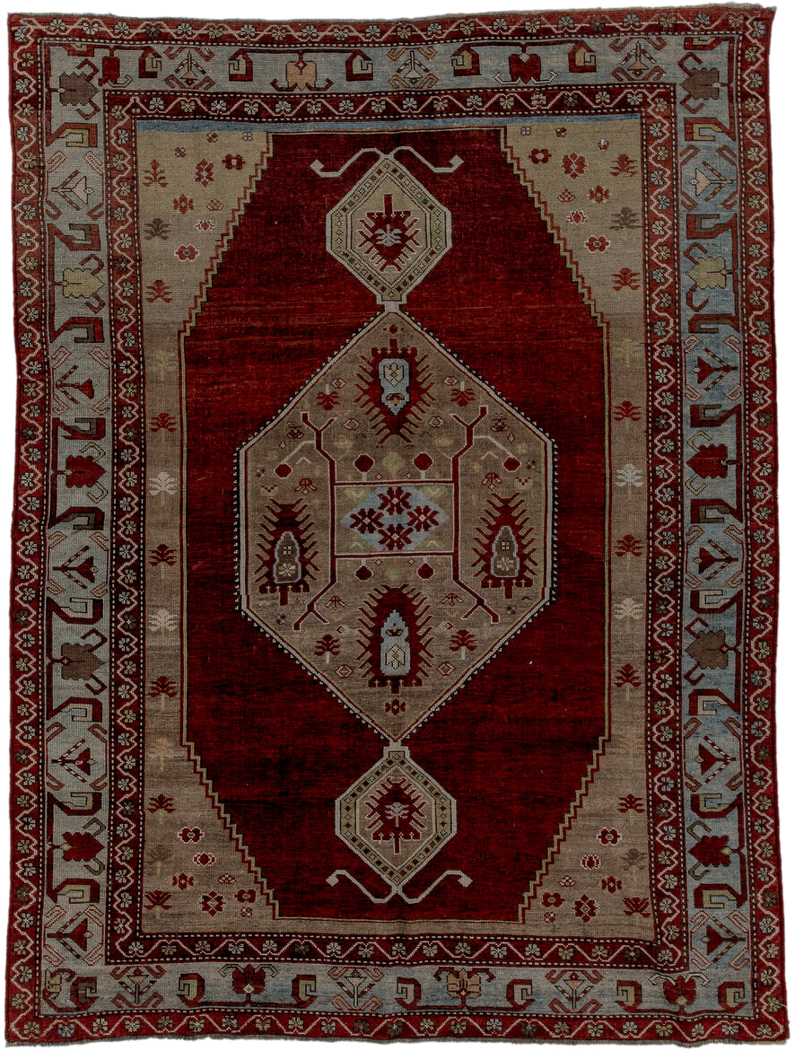 5' x 7' one-of-a-kind handmade antique Kazak rug. Color palette: red, ivory, sky blue, burgundy, taupe, brown, light blue