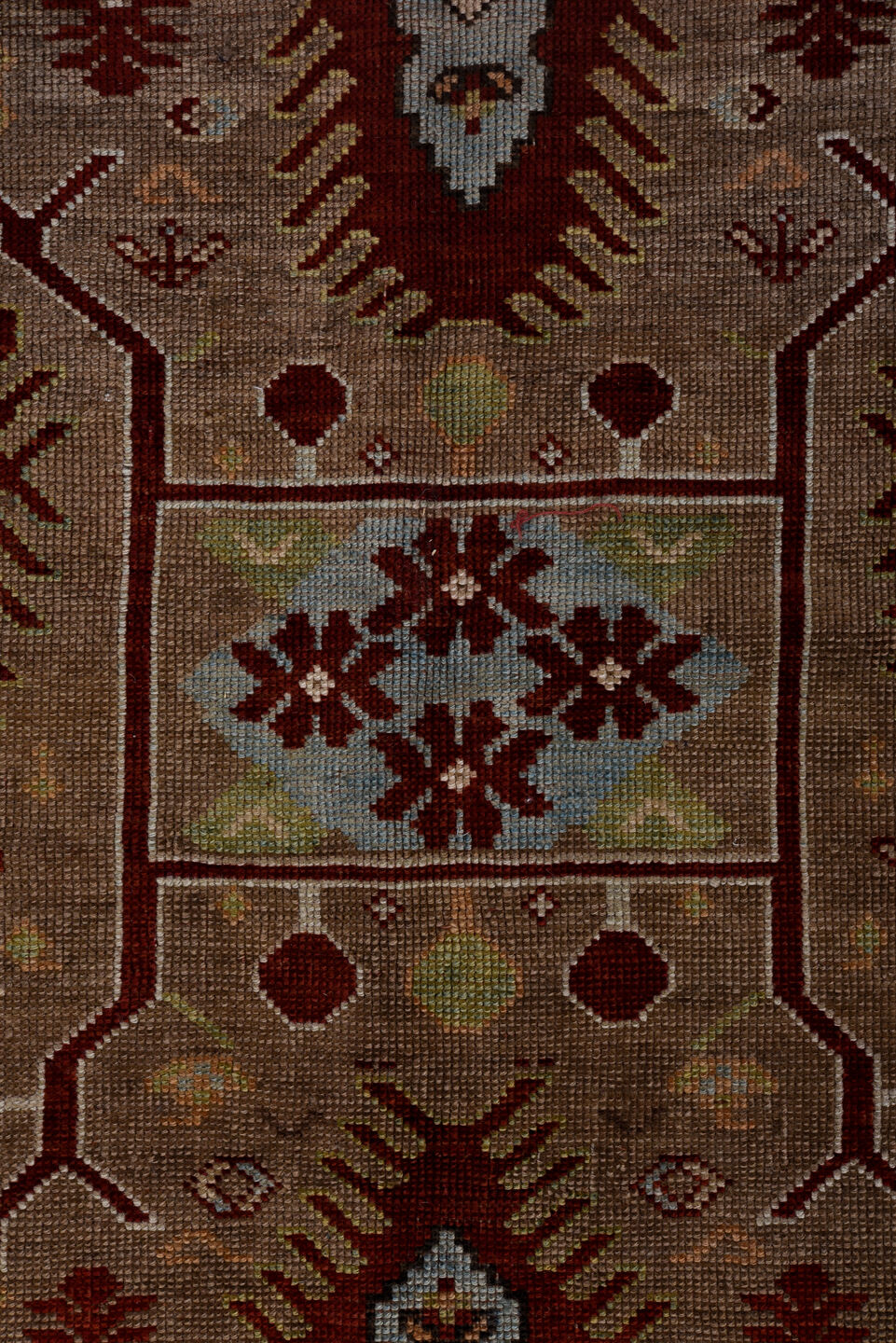 5' x 7' one-of-a-kind handmade antique Kazak rug. Color palette: red, ivory, sky blue, burgundy, taupe, brown, light blue