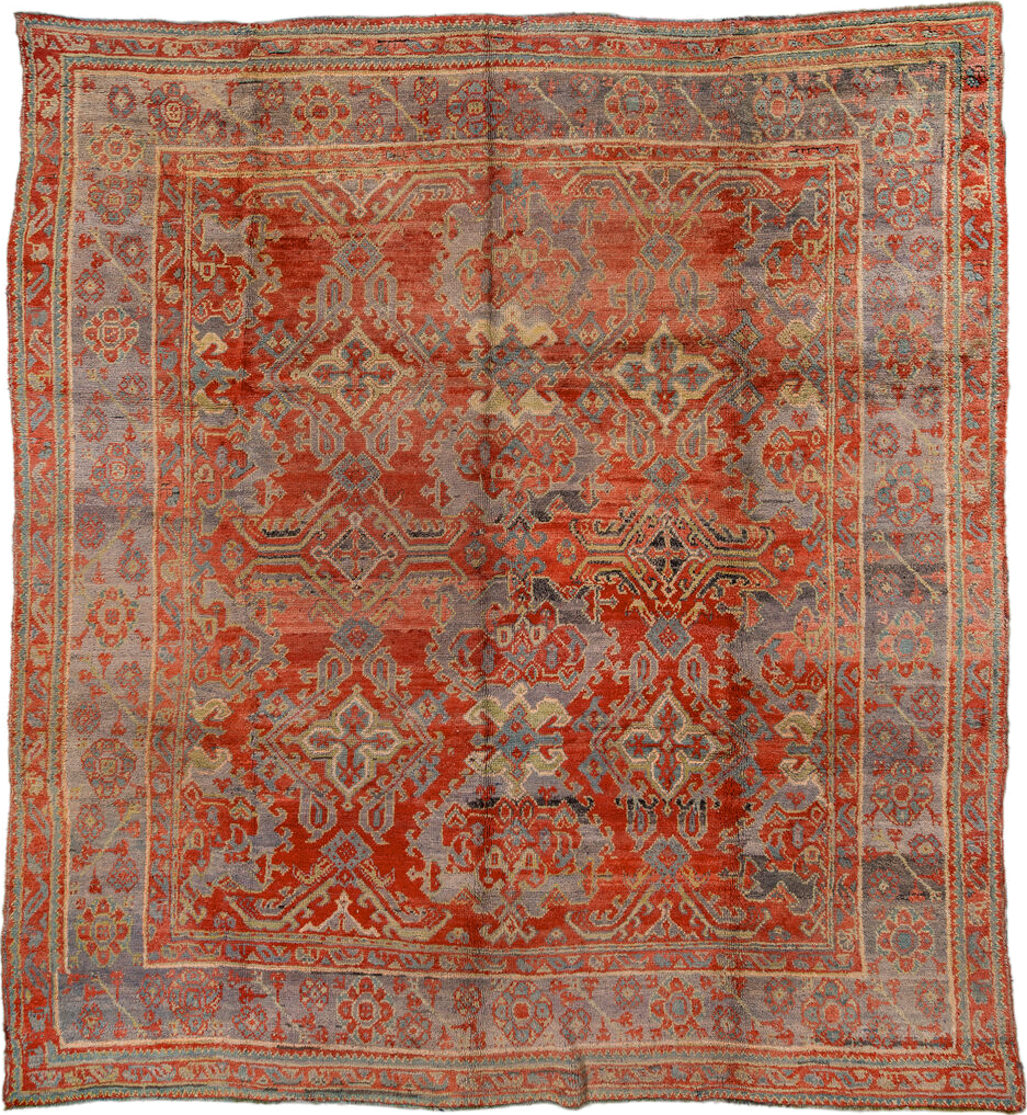 10' x 11' one-of-a-kind handmade antique Oushak large size rug. Color palette: terra cotta, gray, pale blue, ivory, rust