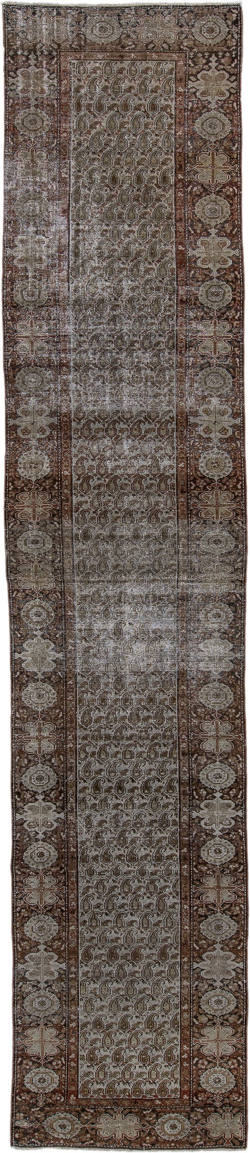 3' x 16' one-of-a-kind handmade vintage Malayer runner rug. Color palette: brown, taupe, ivory, rust, charcoal, camel, beige