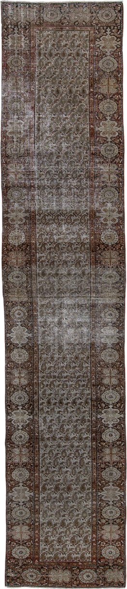 3' x 16' one-of-a-kind handmade vintage Malayer runner rug. Color palette: brown, taupe, ivory, rust, charcoal, camel, beige