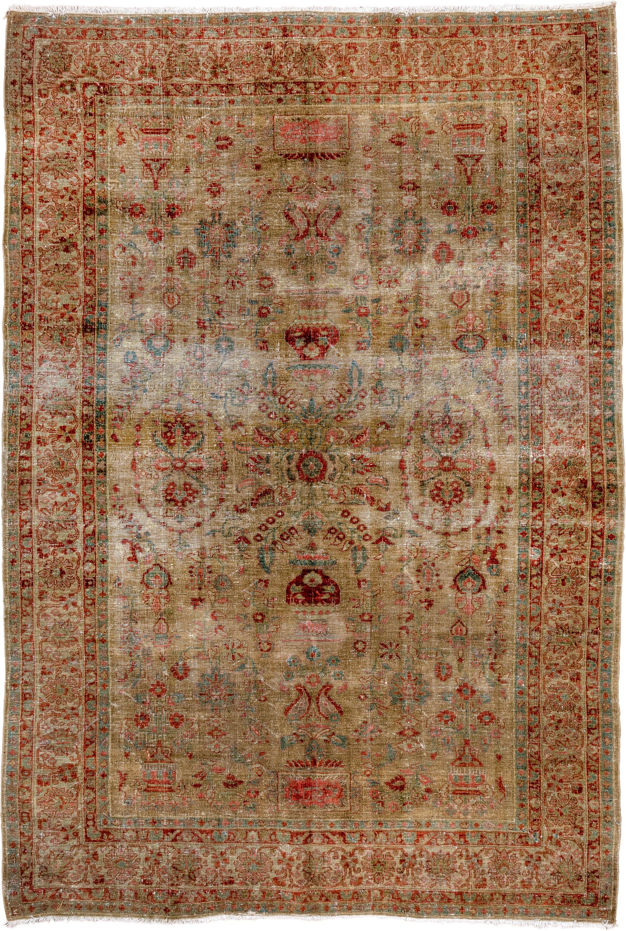 6' x 8' one-of-a-kind handmade antique Sarouk medium size rug. Color palette: taupe, beige, rust, terra cotta, sage