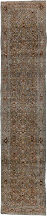 3' x 16' one-of-a-kind handmade antique Bidjar runner rug. Color palette: taupe, slate, ivory, rose, brown, sage, gold