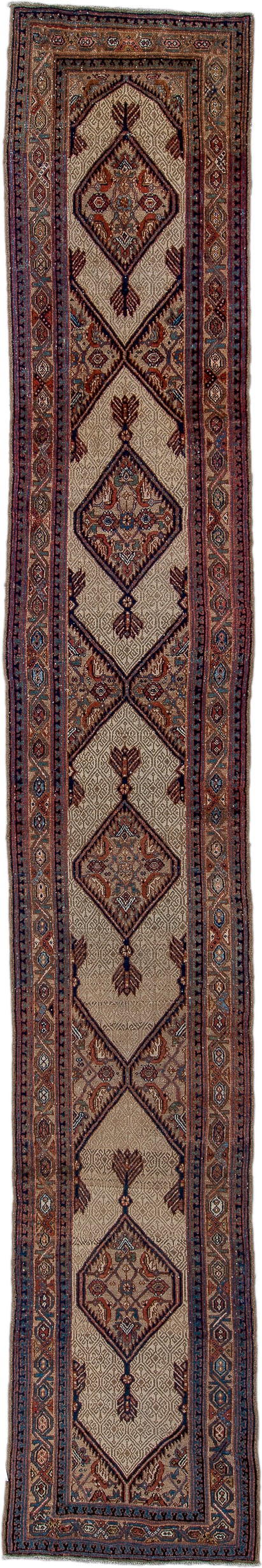 2' x 17' one-of-a-kind handmade vintage Cam Hamadan runner rug. Color palette: ivory, rust, navy, camel, slate, brown