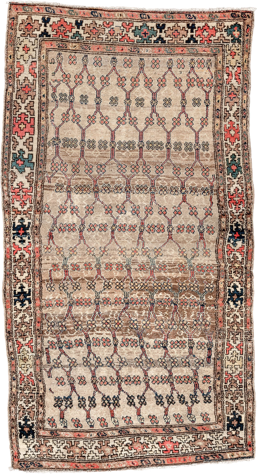 3' x 6' one-of-a-kind handmade antique Hamadan small size rug. Color palette: ivory, taupe, navy, coral, brown, teal